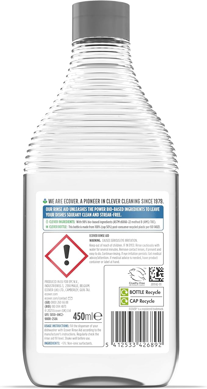 Ecover Dishwasher Rinse Aid, Sparkling Dishes and Quick Drying Action, For The Ultimate Clean, Pack of 1, 450ml