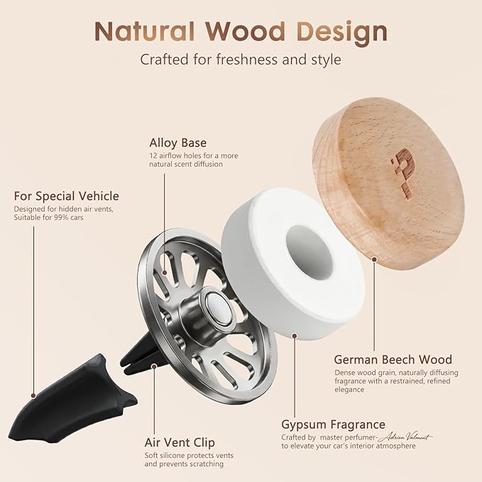 Wooden Car Air Freshener Vent Clip, Refillable Essential Oil Diffuser with Long-Lasting Natural Scent, European Beech Wood & Metal Auto Deodorizer, Includes 2 Clips + 4 Plaster Refill Pads