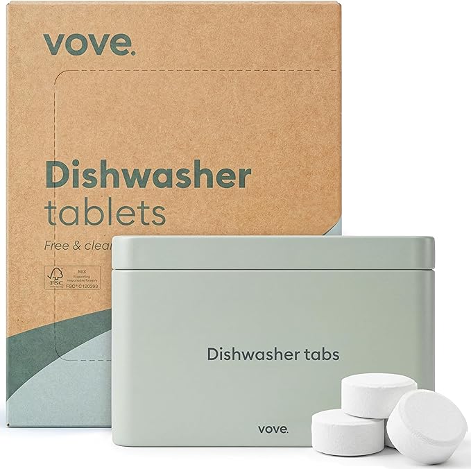 Vove Dishwasher Detergent Tablet Starter Set, 40 Count with Reusable Storage Tin - Plastic-Free, No PVA, No Microplastics - 2x Enzyme Power, Plant-Based, Fragrance-Free, Septic Safe