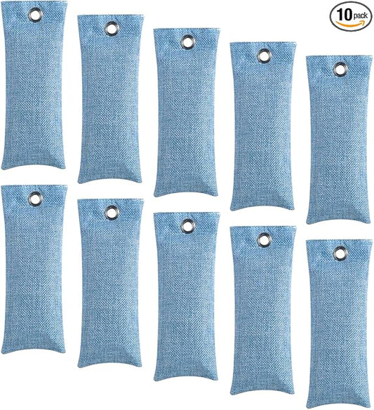 Activated Charcoal Air Purifying Bag (10 Pack 75g Each) Bamboo Charcoal Odor Absorber Air Freshener for Shoes, Closet, Car, Blue