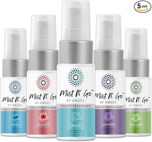 Mist N??Go by Omaze Travel Bathroom Spray for Toilet Spray Odor Eliminator - Travel Toilet Spray for Bathroom Air Freshener Spray for Bathroom Deodorizer - Mix All, Travel Size (1oz x5)
