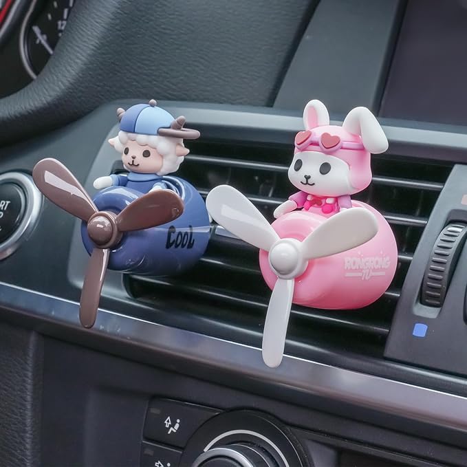 2 Pcs Pilot Car Air Fresheners, Cute Rabbit Car Vent Clip Air Freshener with 8 Fragrant Tablets Automotive Air Outlet Fan Diffuser, Automotive Interiors Vent Decoration (Rabbit+Pig)