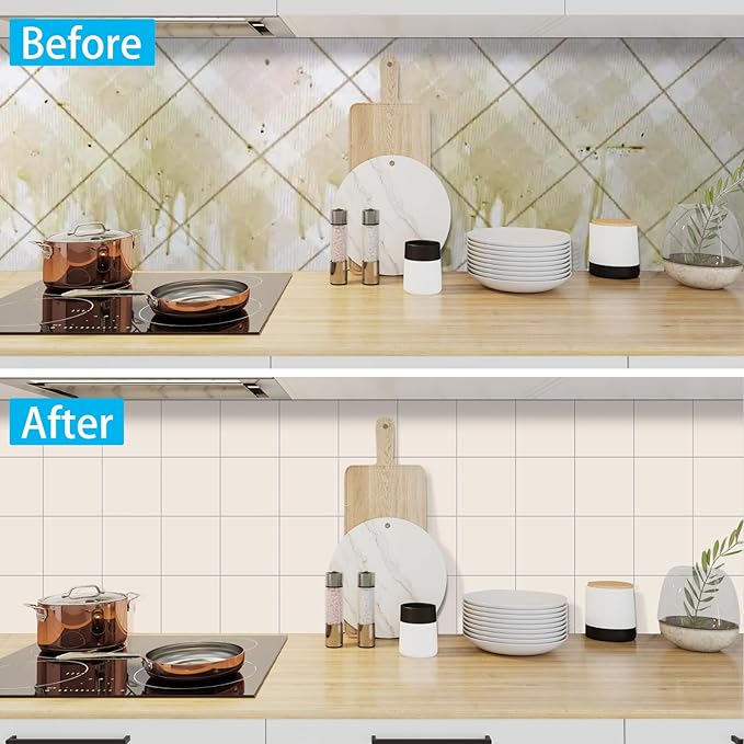 Peel and Stick Tiles for Kitchen Backsplash, New Upgrade Design 9" x9" SPC Square Marble Tiles, Glossy Beige Premium Mosaic Tiles(5-Sheet)
