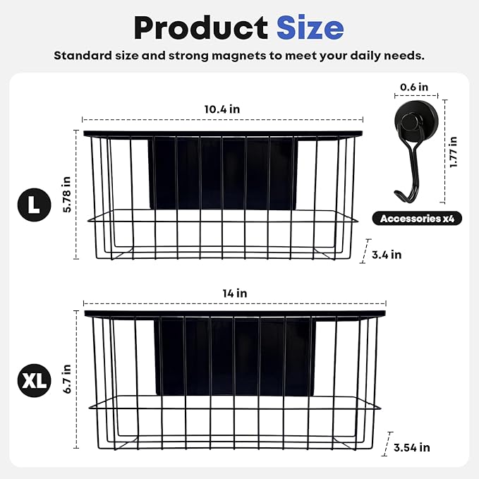 Magnetic Holder for Wool Dryer Balls & Lint Bin (2-Pack, Black) – Extra Long 14.2" & 10.4" Metal Laundry Trash Can – Washer Side Organizer with 4 Magnetic Hooks (Balls Not Included)