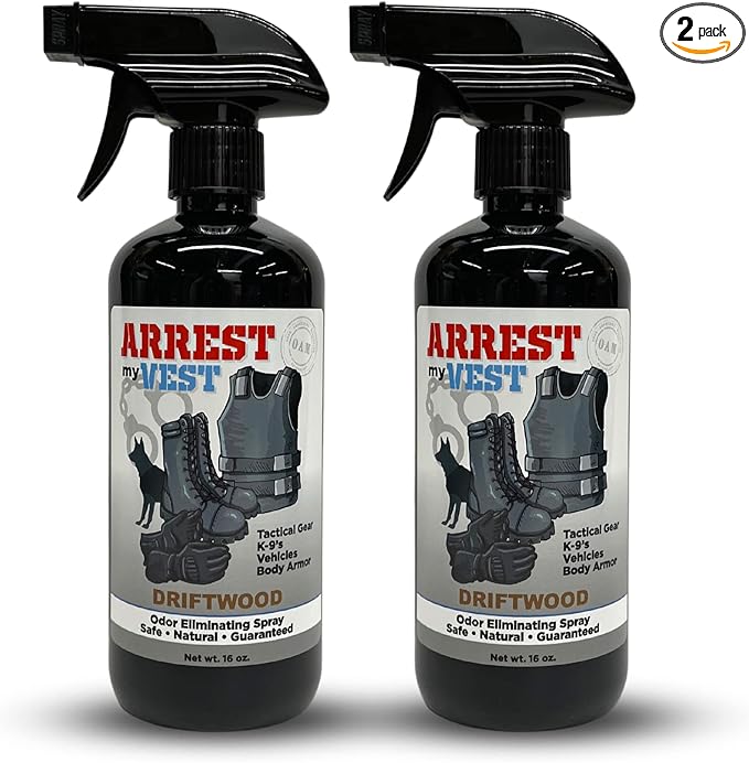 Arrest My Vest Military Grade Odor Eliminating Spray for Body Armor, Tactical Gear, and K9 Equipment. Safe on All Ballistic Vests, Fabrics, & Police Gear - Driftwood Fragrance - 2 16 oz Bottles