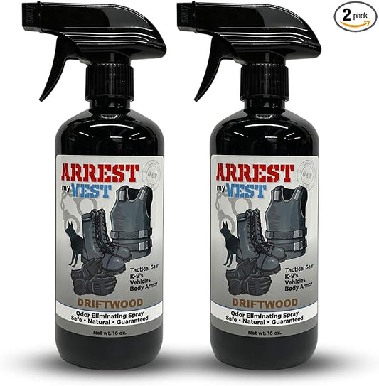Arrest My Vest Military Grade Odor Eliminating Spray for Body Armor, Tactical Gear, and K9 Equipment. Safe on All Ballistic Vests, Fabrics, & Police Gear - Driftwood Fragrance - 2 16 oz Bottles