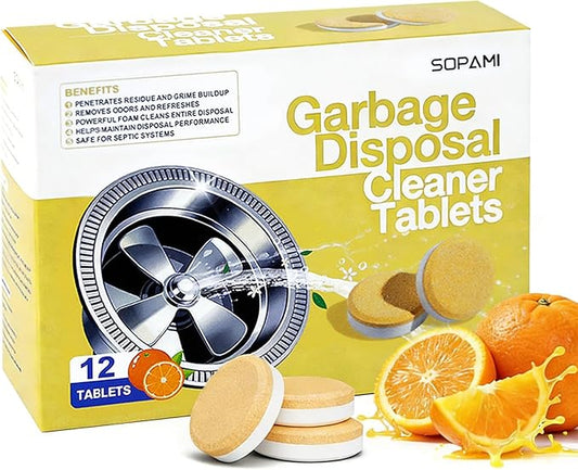SOPAMI Garbage Disposal Cleaner Deodorizer Tablets 12 Pack Powerful XL Foaming Tablets with Fresh Citrus Scent, Natural Formula Cleans Sink Grind Chamber & Drainpipe, Dishwasher Cleaner Compatible