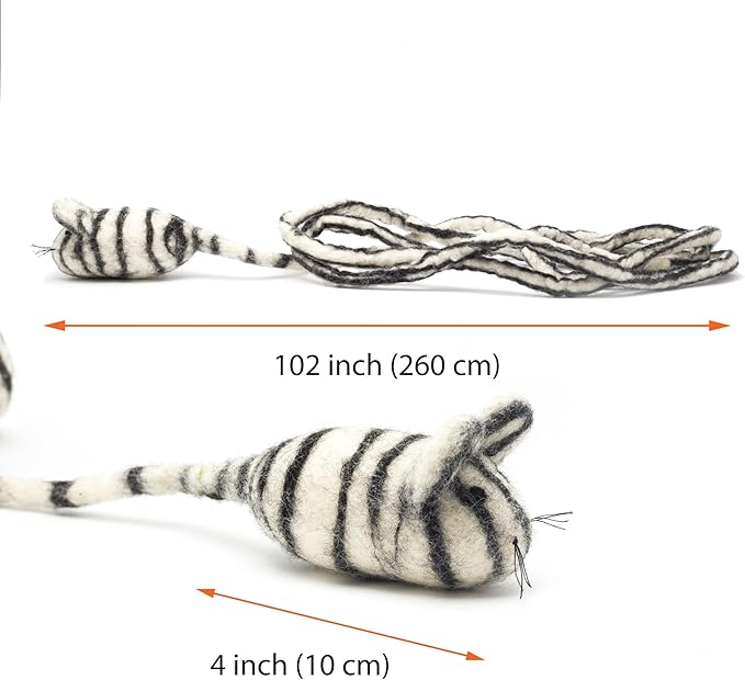 Glaciart One Felt Mouse Cat Toy – Soft Fuzzy Enrichment 100% Natural Wool - Interactive Catnip Play Cat Toy Set - Safe for Pets, Non-AZO Colored Dyes - 100” Long