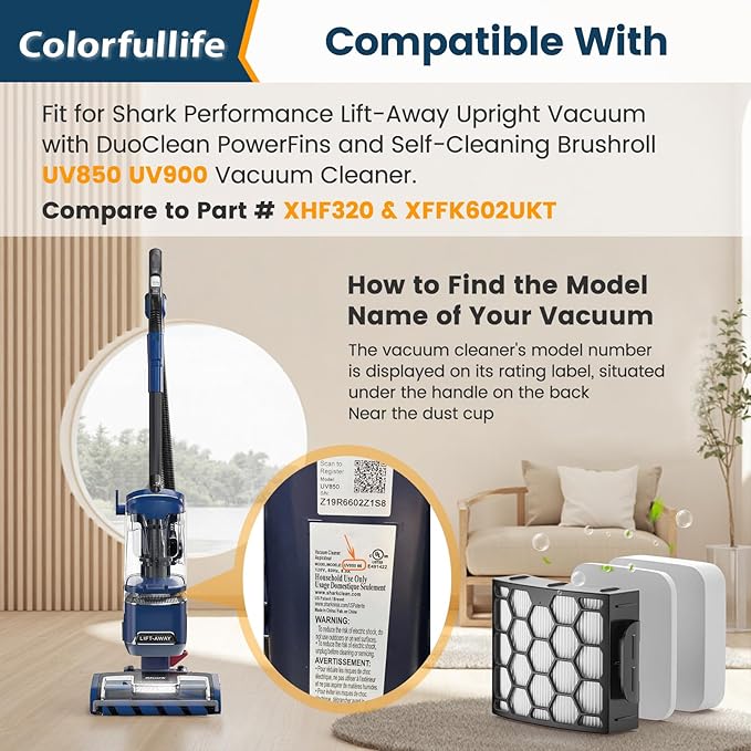 Colorfullife UV850 Filters Replacement for Shark Performance Lift Away UV850 UV900 DuoClean Upright Vacuum, Compare to Part #XHF320 & XFFK602UKT, 2 HEPA Filters and 4 Foam & Felt Filters