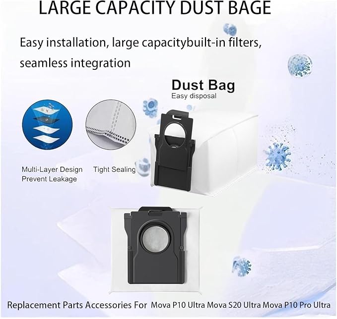 Replacement Dust Bags Compatible With Mova P50 pro Ultra / P10 Pro Ultra / P10 Ultra / S20 Ultra Self-Empty Station Vacuum Cleaner, Spare Parts Accessories