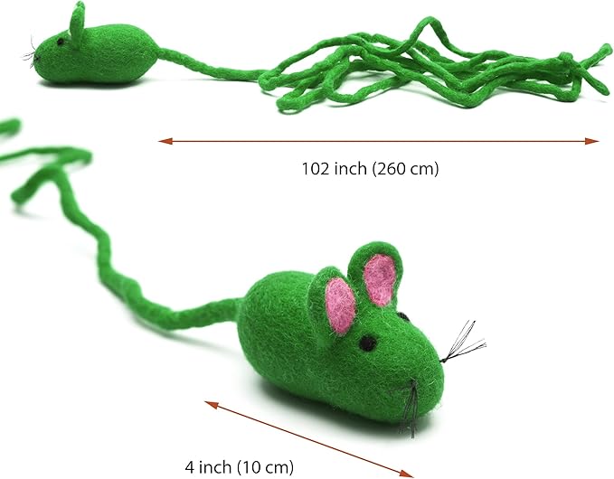 Glaciart One Felt Mouse Cat Toy – Soft Fuzzy Enrichment 100% Natural Wool - Interactive Catnip Play Cat Toy Set - Safe for Pets, Non-AZO Colored Dyes - 100” Long