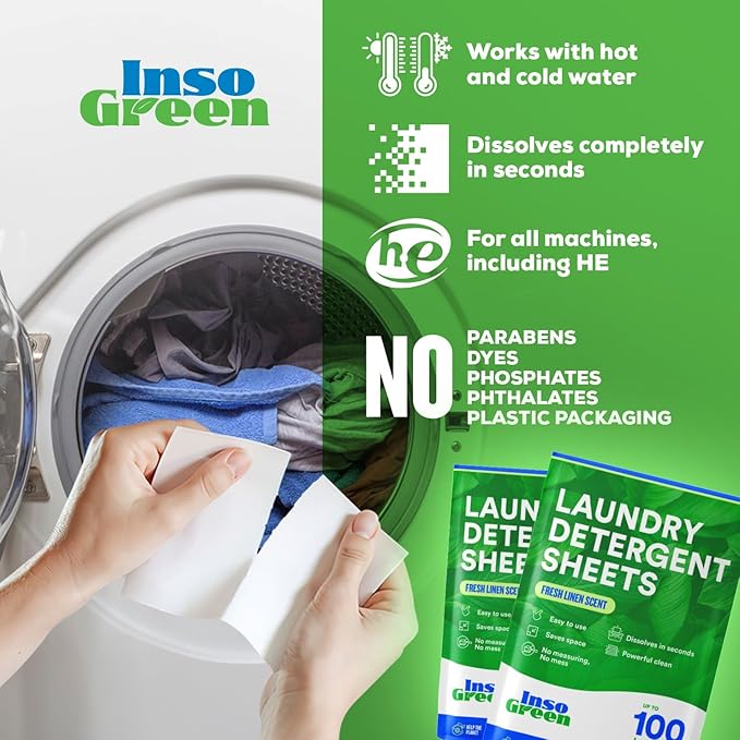 Eco Washer Sheets Detergent - 100 Loads, Zero Plastic Jugs, No Mess & Space-Saving Laundry Strips - Travel Laundry Detergent - 50 Sheets