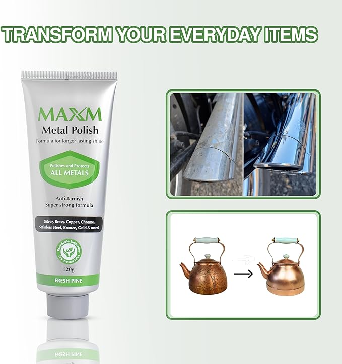 MAXM Metal Polish Paste for Stainless Steel Polish, Chrome Polish & Aluminum Polish – Rust Remover for Metal, Stainless Steel Scratch Remover, Polishing Compound Non-Toxic, Fresh Pine Scent, 4.2 oz