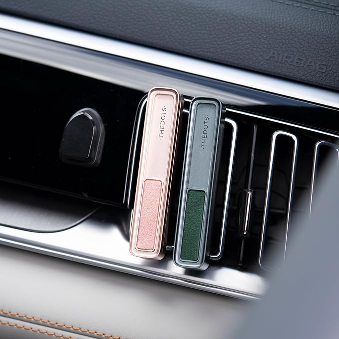 THEDOTS Premium Air Freshener Car Vent Clip, Green Metal Diffuser, 2 Refills Amber Moss Scent, Natural Solid Car Perfume Gift