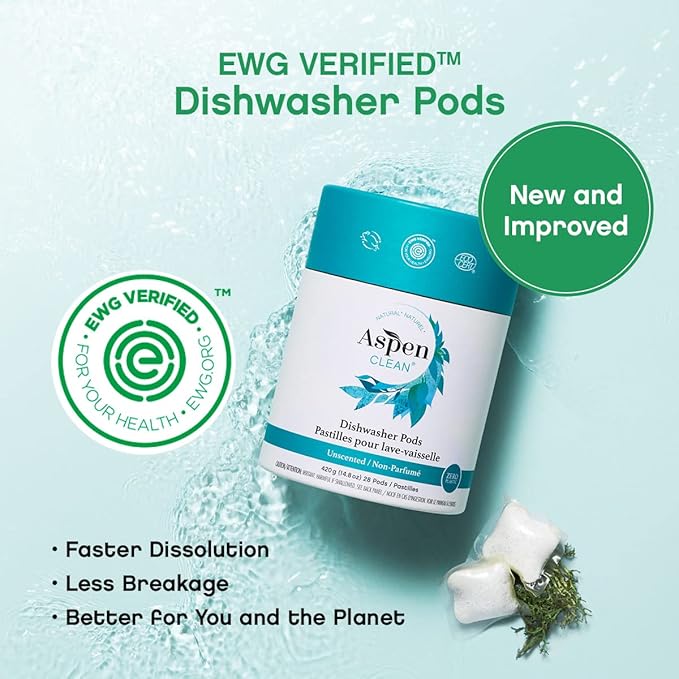 AspenClean | Unscented Dishwasher Pods | Cuts Grease and Grime | Zero Plastic | Non - Toxic | 100% Natural Dishwasher Detergent | EWG Verified - 28 Count