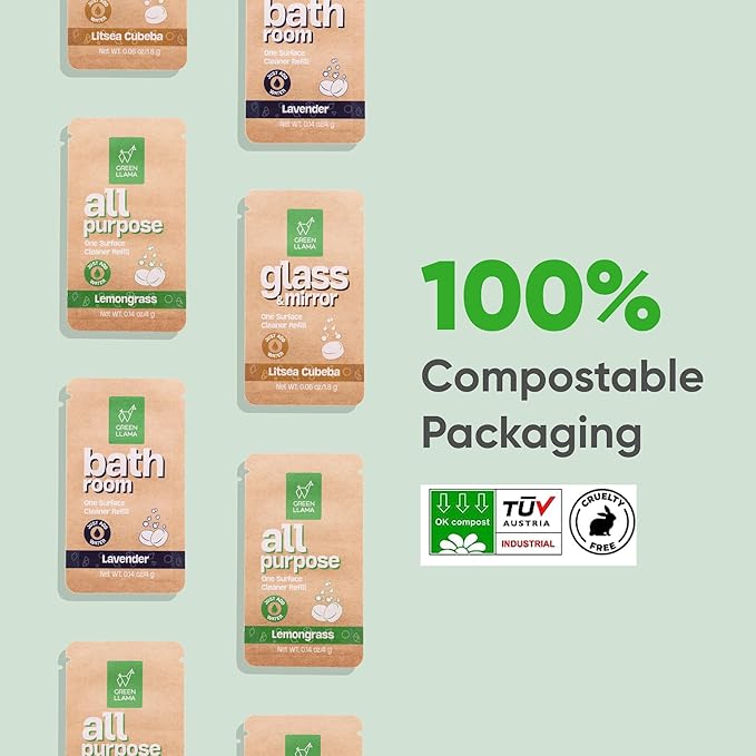 Green Llama Bathroom Refill 3-Pack - Certified Compostable Packaging, Natural Cleaning Solution for Bathrooms - Eco-Friendly and Sustainable
