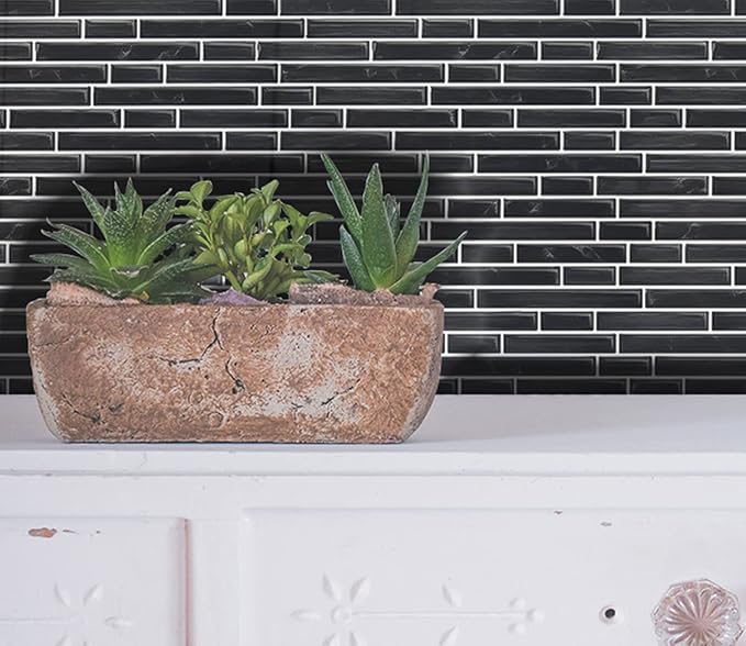 LONGKING 10-Sheet Self-Adhesive Peel and Stick Backsplash for Kitchen, Vinyl Decorative Tiles (Black)