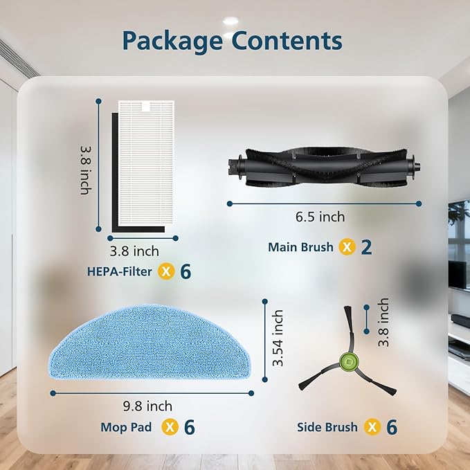 G8000 Max Replacement Parts, for Tikom G8000 Max, L8000 Plus, 2025 Year L8000 Pro Robot Vacuum, Accessories Include 2 Main Brushes, 6 Side Brushes, 6 HEPA Filters, 6 Mop Pads