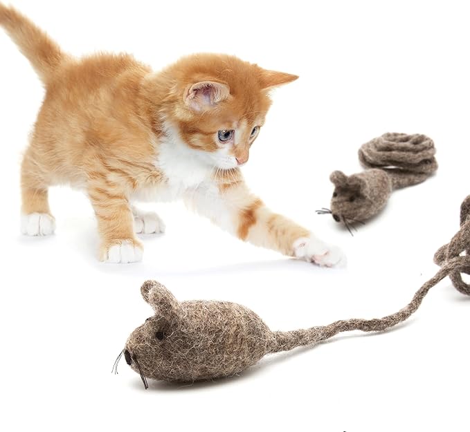 Glaciart One Felt Mouse Cat Toy – Soft Fuzzy Enrichment 100% Natural Wool - Interactive Catnip Play Cat Toy Set - Safe for Pets, Non-AZO Colored Dyes - 42” Long