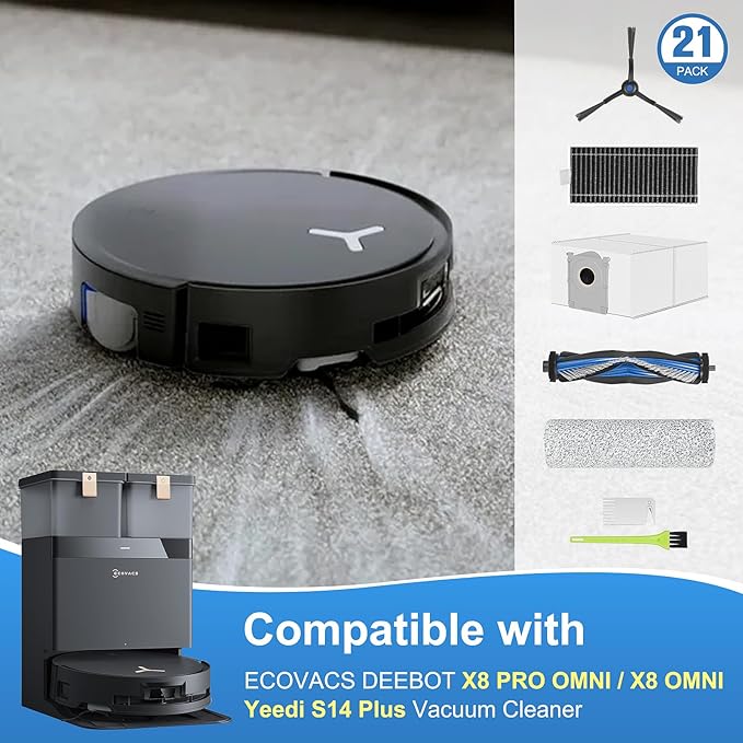 X8 OMNI Accessories Kit for ECOVACS DEEBOT X8 PRO OMNI Compatible with Yeedi S14 Plus Vacuum Cleaner, 21Pcs Replacement Parts, Main Brush, Roller Mop, Filters, Dust Bags, Side Brush, Tools