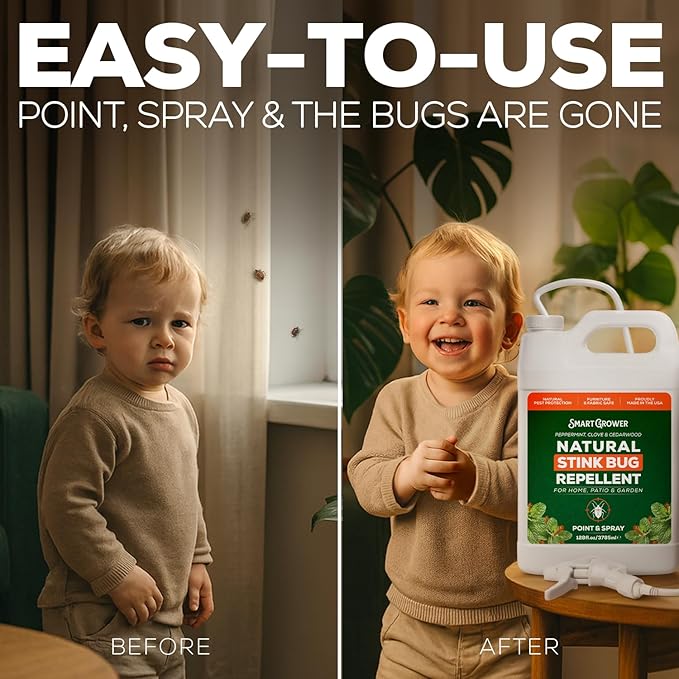 Natural Stink Bug Spray 128oz with Trigger Sprayer-Repellent for Indoor & Outdoor Use – Plant-Based Stink Bug Eliminator with Essential Oils, Stain-Free on Fabric, Pet & Family Friendly - Smart Grower