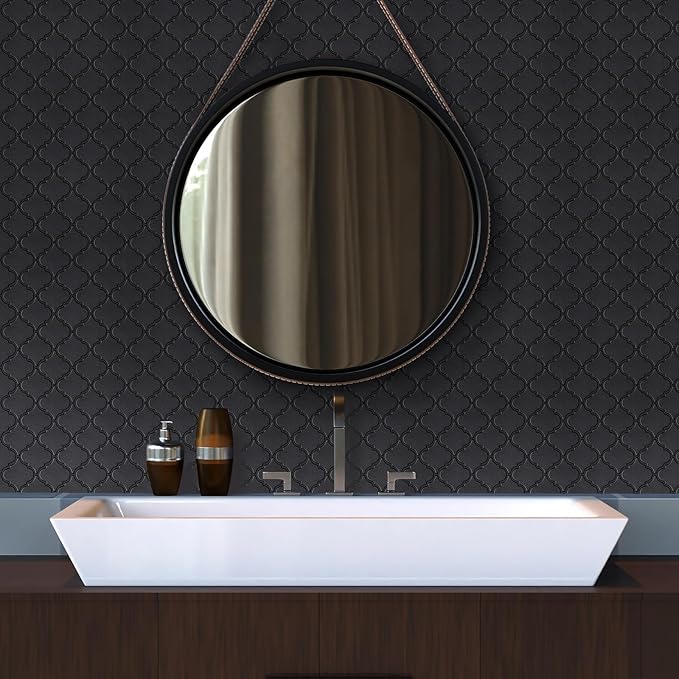 Arabesque Peel and Stick Backsplash for Kitchen, Matte Black 3D Self-Adhesive Kitchen Backsplash, Premium Stick on Backsplash for Bathroom (10Tiles, 12×12）