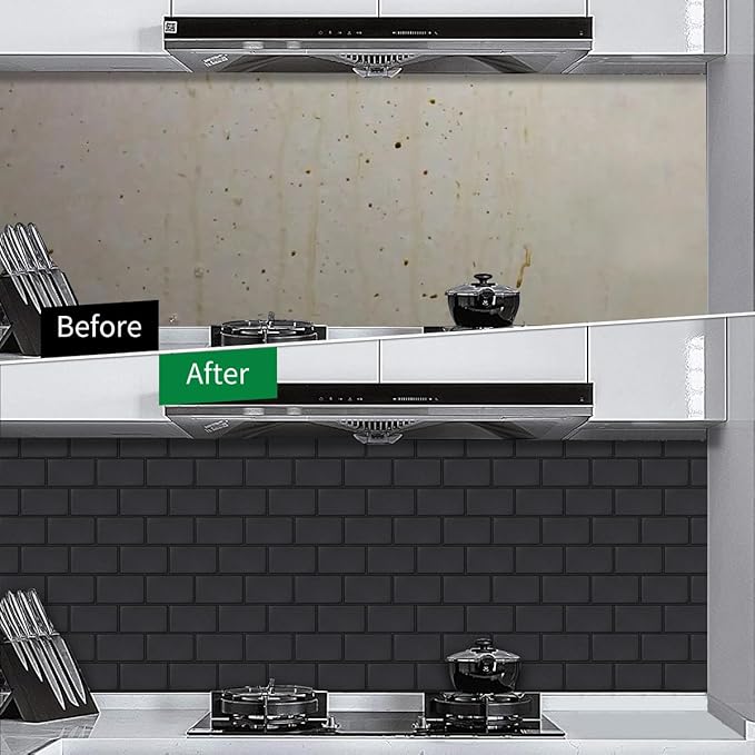Matte Black Peel and Stick Wall Tiles for Kitchen, WalDecoo 10-Sheet Stick on Backsplash for Bathroom, Large Self-Adhesive Kitchen Backsplash（12''×12''） (Large Subway).