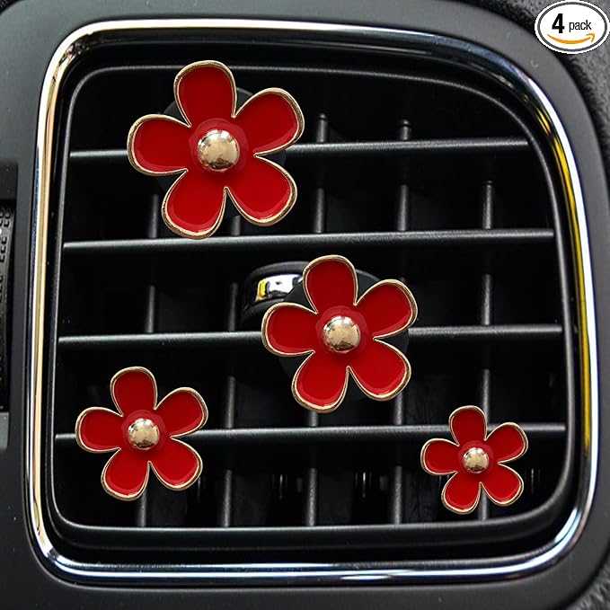 Daisy Air Vent Clips, 4 Pcs Cute Flower Car Air Conditioning Outlet Clip Car Air Freshener Clip Charm Car Inter Decor Accessories for Women (Red)