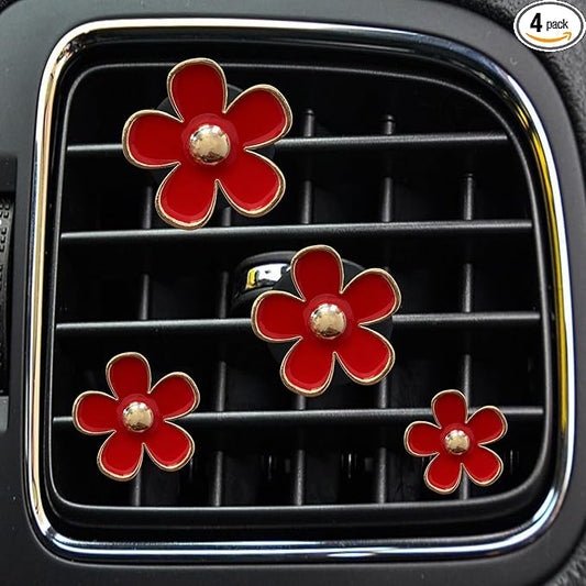 Daisy Air Vent Clips, 4 Pcs Cute Flower Car Air Conditioning Outlet Clip Car Air Freshener Clip Charm Car Inter Decor Accessories for Women (Red)