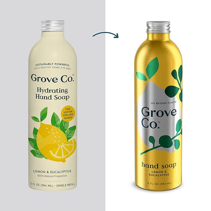 Grove Co. Hydrating Gel Hand Soap Refills (2 x 13 Fl Oz) + 1 x Reusable Glass Soap Dispenser, Refillable Liquid Hand Soap Starter Kit, Natural Lemon & Eucalyptus Fragrance