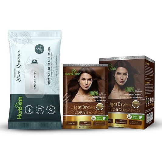 Herbishh Hair Color Shampoo for Gray Hair Light Brown + Hair Color Stain Remover Wipes - Travel Pack With 5 Wipes