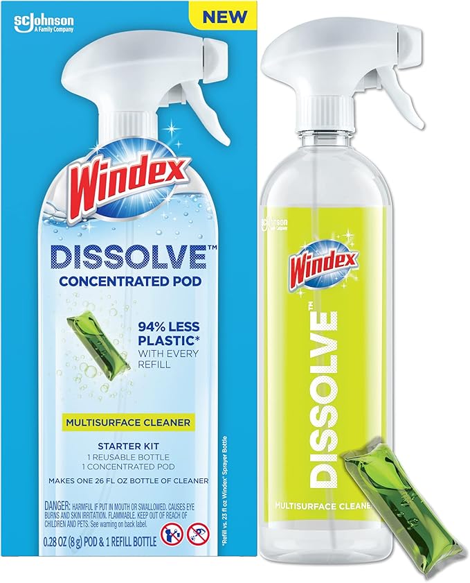 Windex Dissolve Concentrated Pods, Multisurface Cleaner Starter Kit contains 1 Reusable Bottle, 1 Concentrated Dissolvable Pod