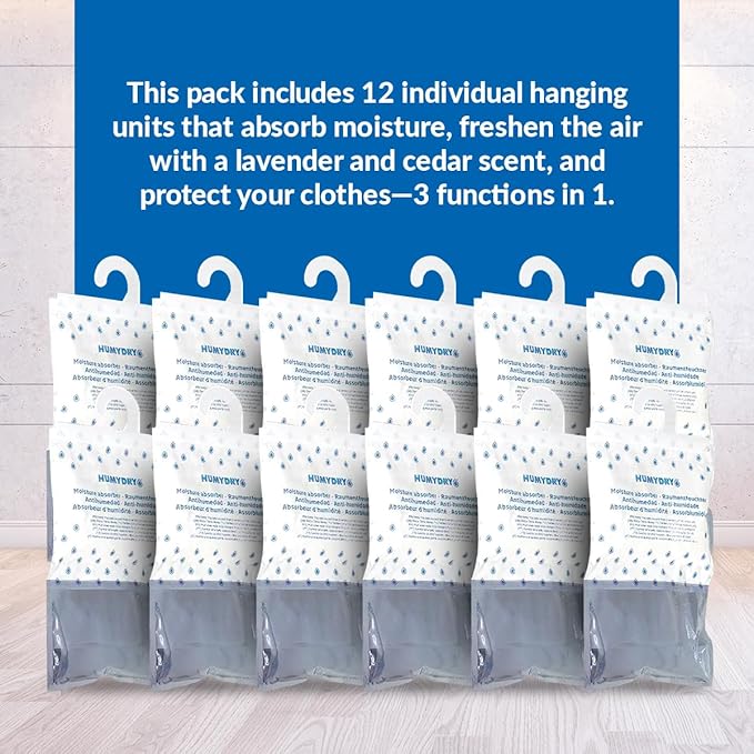 HUMYDRY Hanging Moisture Absorber Bags, 12 Count Lavender and Cedar 15.9 Oz, Dehumidifiers for Closets Wardrobes Storage Areas, Non Electric Humidity Absorbers for Small Enclosed Spaces