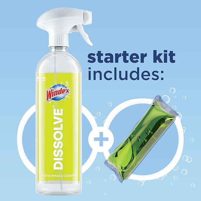 Windex Dissolve Concentrated Pods, Multisurface Cleaner Starter Kit contains 1 Reusable Bottle, 1 Concentrated Dissolvable Pod