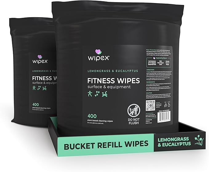 Wipex Gym Wipes Bucket Refill Roll - EWG Verified - Plant-based Fitness Equipment Wipes, Lemongrass, Eucalyptus & Vinegar Wipes to Clean Surfaces, Yoga Mat & Gym Cleaner, 400 Count (Pack of 2)