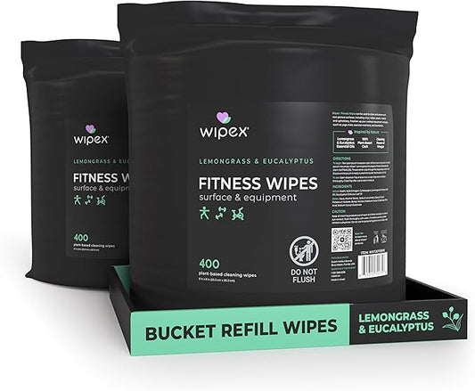 Wipex Gym Wipes Bucket Refill Roll - EWG Verified - Plant-based Fitness Equipment Wipes, Lemongrass, Eucalyptus & Vinegar Wipes to Clean Surfaces, Yoga Mat & Gym Cleaner, 400 Count (Pack of 2)