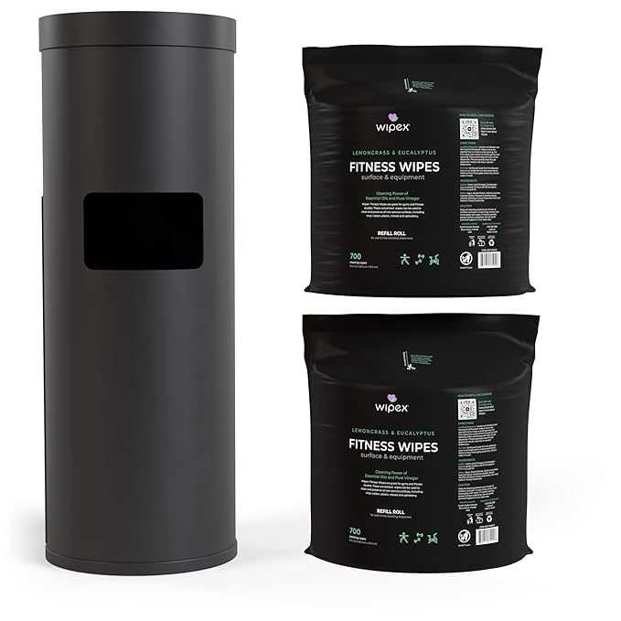 Wipex Wipe Dispenser & Refill Bundle - 1400ct 8"x12" Large Gym Wipes for Equipment, Lemongrass & Eucalyptus Scent with Premium Black Stainless Steel Floor Dispenser & Trashcan
