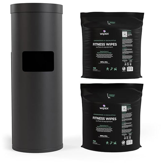 Wipex Wipe Dispenser & Refill Bundle - 1400ct 8"x12" Large Gym Wipes for Equipment, Lemongrass & Eucalyptus Scent with Premium Black Stainless Steel Floor Dispenser & Trashcan