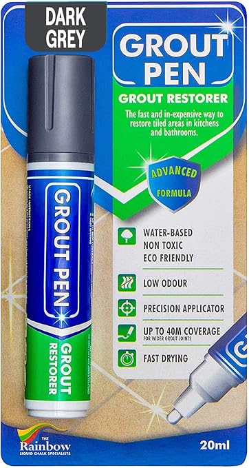 Grout Pen Dark Grey Tile Grout Paint Marker: Waterproof Tile Grout Paint Pen Colorant, Grout Shine Touch Up & Renew - Dark Grey, Wide 15mm Tip (20mL)