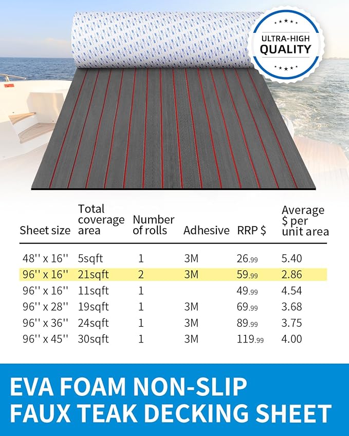 OCEANBROAD EVA Foam Boat Flooring with 3M Adhesive Backing Marine Self-Adhesive Decking 96''x45.6''/36''/28.8''/16.8'', 48''x16.8'' Faux Teak Sheet for Jon Boats Swim Platform Helm Pad RV Floor