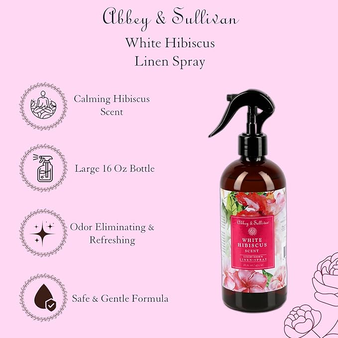 Abbey & Sullivan Linen Spray, White Hibiscus, Fabric Freshener and Fragrance Room Spray, Pack of 2, 16 oz