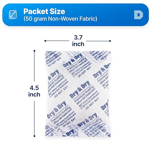 Dry & Dry 50 Gram [50 Packets] Silica Gel Packets Desiccants, Silica Packets - Rechargeable Moisture Absorbers for Food Storage, Electronics, 3D Filament & Safes