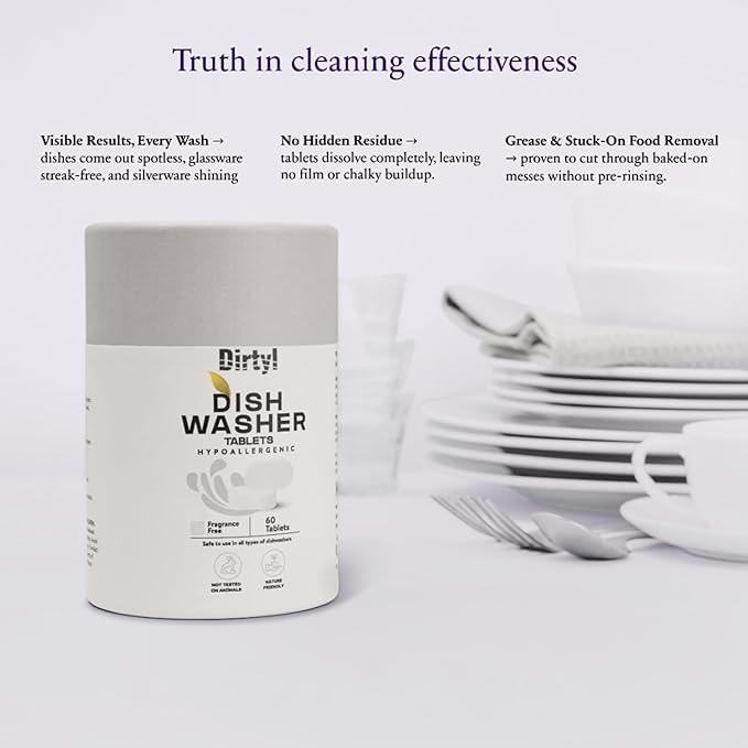 Dishwasher Detergent Tablets, 60 Count, for Sparkling Dishes. Unscented & Hypoallergenic. Rinses Clean, Cuts Grease, Limescale & Odor. Soap & Plastic Residue Free, Dishwashing Cleaner Pods.