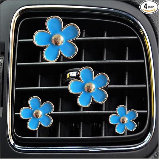 Daisy Air Vent Clips, 4 Pcs Cute Flower Car Air Conditioning Outlet Clip Car Air Freshener Clip Charm Car Inter Decor Accessories for Women (Blue)
