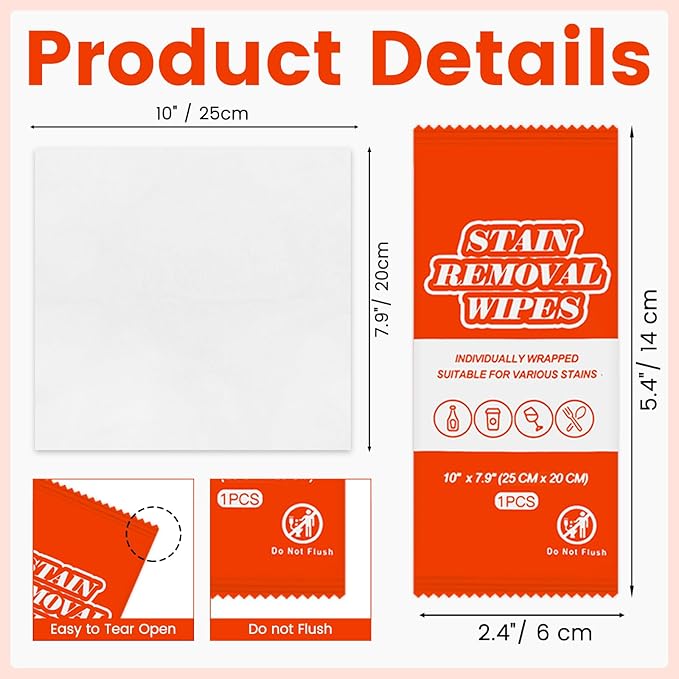 Stain Remover Wet Wipes Bulk, Individual Wrapped Stain Remover for Clothes Portable Travel Messy Eater Stain Removal Wipes Pocket Size for Clothing Fabric, Shoes, Wine, Fast Food (10 x 7.9 inch) (100)