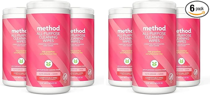 Method All-Purpose Cleaning Wipes, Pink Grapefruit, Multi-Surface, Compostable, 70 Count (Pack of 6)