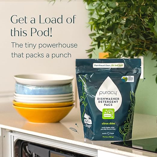 Puracy Dishwasher Pods, Natural Dishwasher Detergent, Citrus Skies Dish tabs - Enzyme-Powered, Spot & Residue Free - TikTok Trend Items, Must Haves from TikTok (Citrus Skies, 50 Count - 2 Pack)