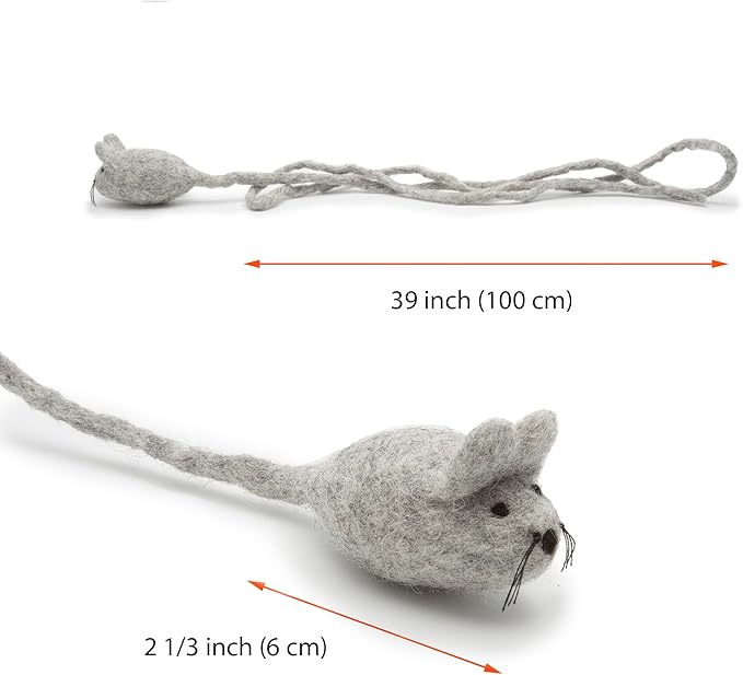Glaciart One Felt Mouse Cat Toy – Soft Fuzzy Enrichment 100% Natural Wool - Interactive Catnip Play Cat Toy Set - Safe for Pets, Non-AZO Colored Dyes - 42” Long