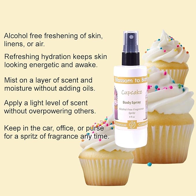 Blossom to Bath Cupcake Body Spray (4 Ounce) - Natural Fragrance - Energizes Skin with a Rich Vanilla Scent