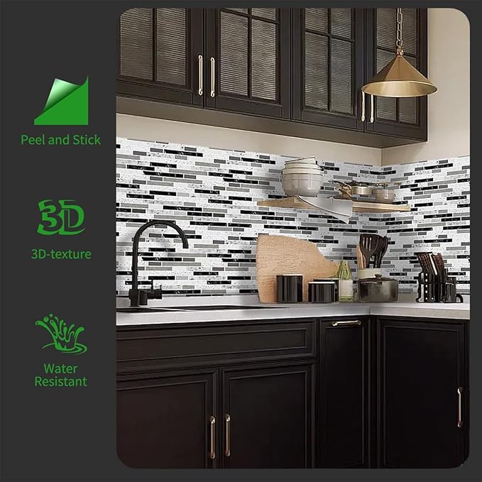 LONGKING 10-Sheet Self-Adhesive Peel and Stick Backsplash for Kitchen, Vinyl Decorative Tiles (Gray)